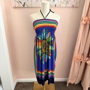 Vibrant Boho Rainbow Smocked Halter Dress (Festival / Beachwear Style)